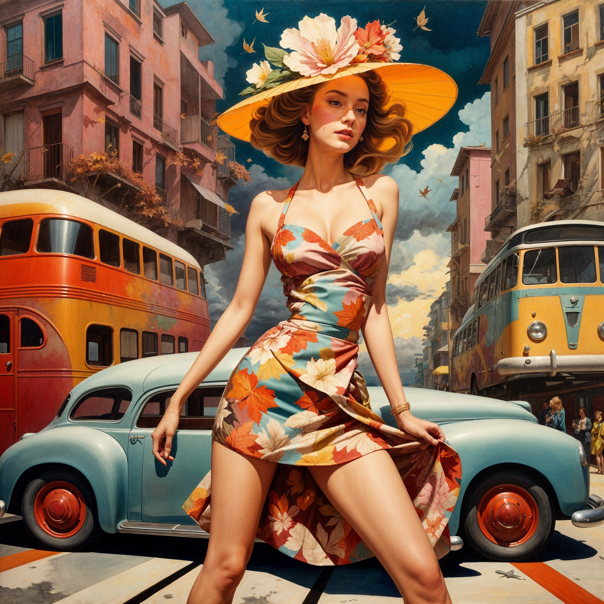 Glamorous Woman in Floral Dress on Vibrant City Street