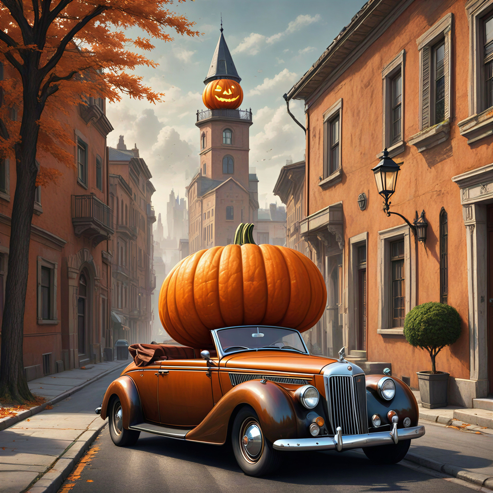 Vintage Car with Pumpkin on Charming Autumn Street