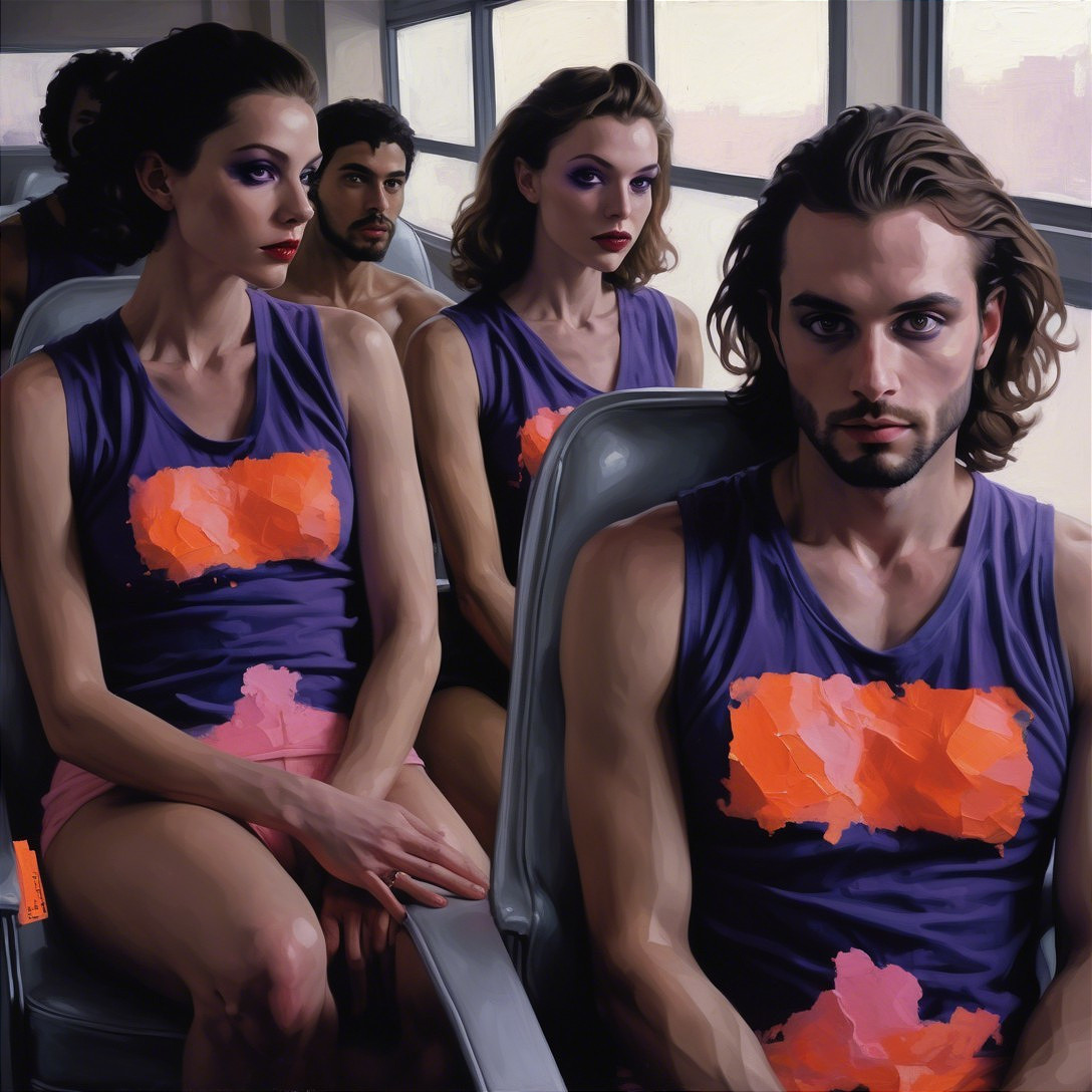 Group in Purple Tank Tops on Urban Bus