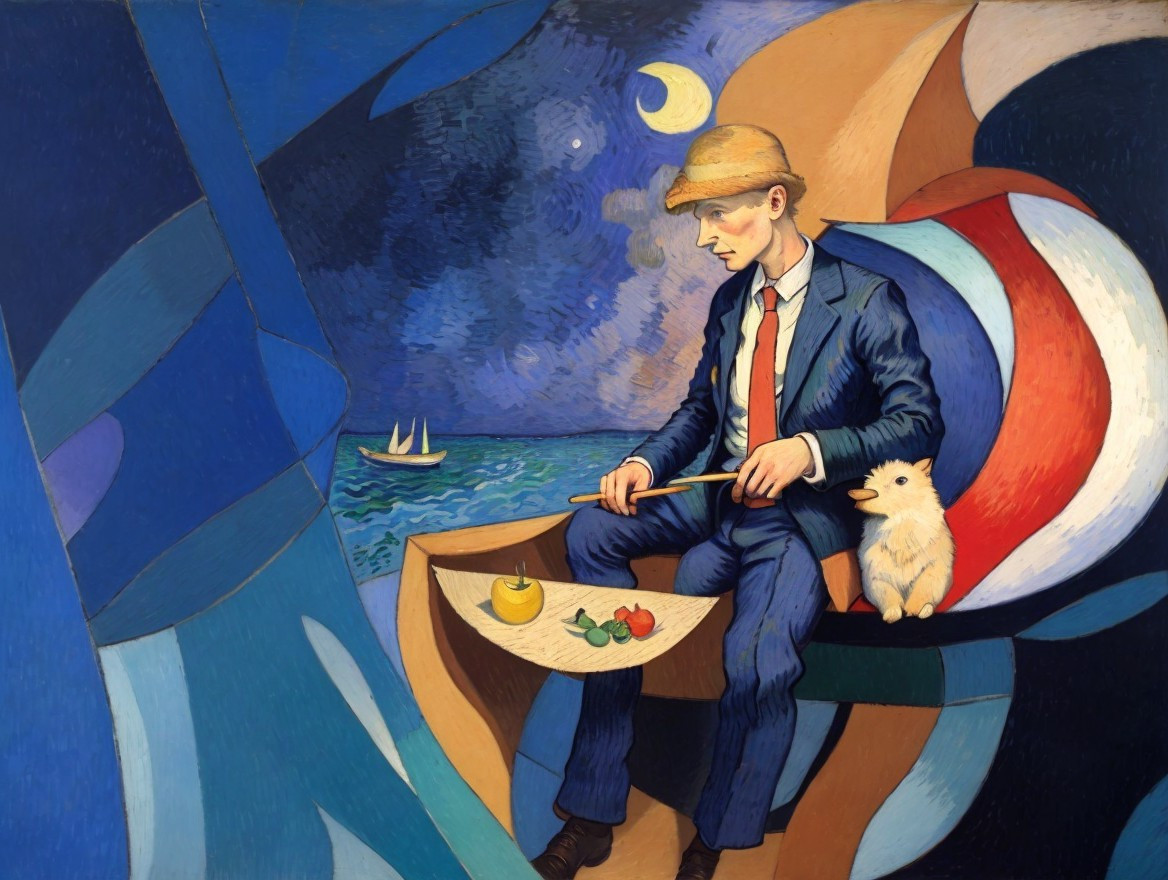 Man in Straw Hat on Boat with Fruits and Dog