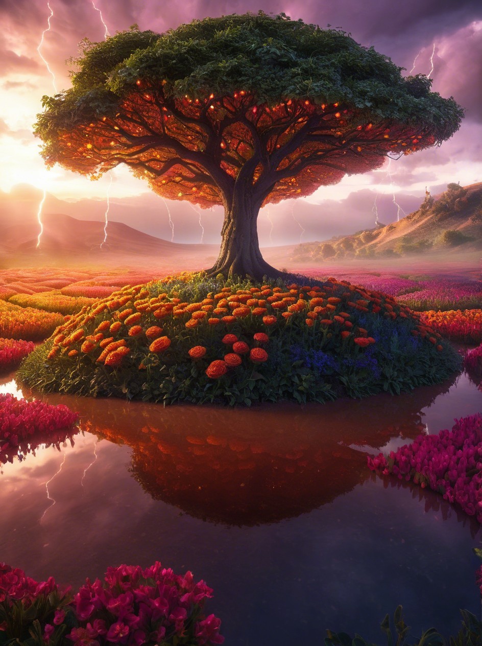 Majestic Tree on Island Surrounded by Colorful Flowers