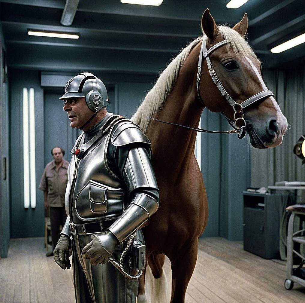 Futuristic Scene with Robotic Suit and Horse