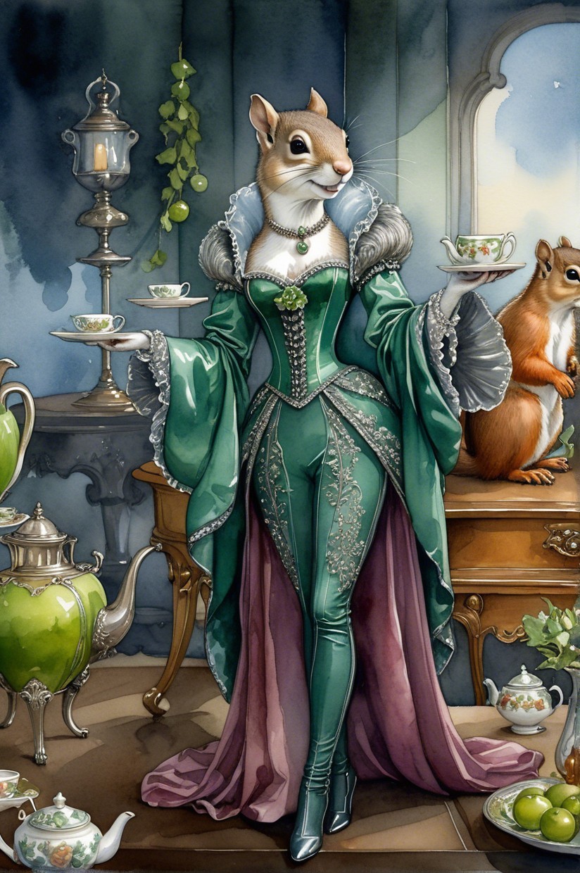 Regal Squirrel in Green Gown at Victorian Tea Party