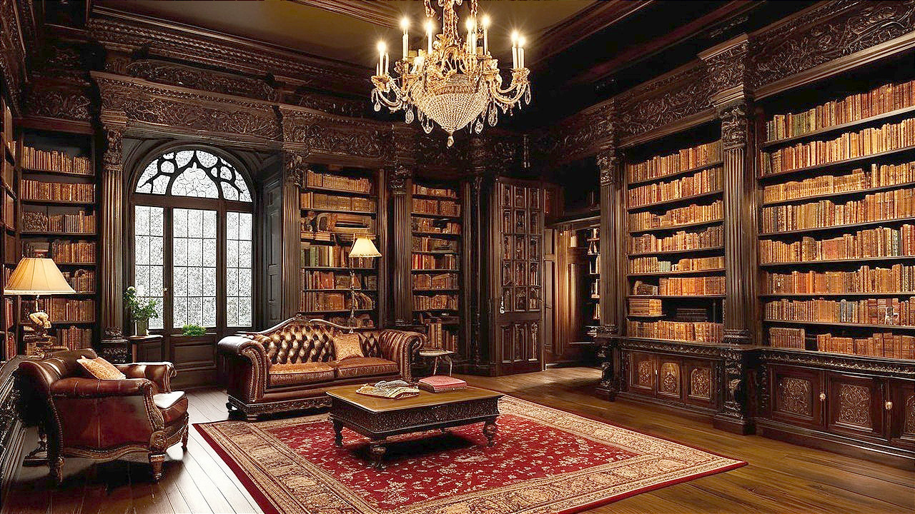 Elegant library with wooden shelves and cozy seating