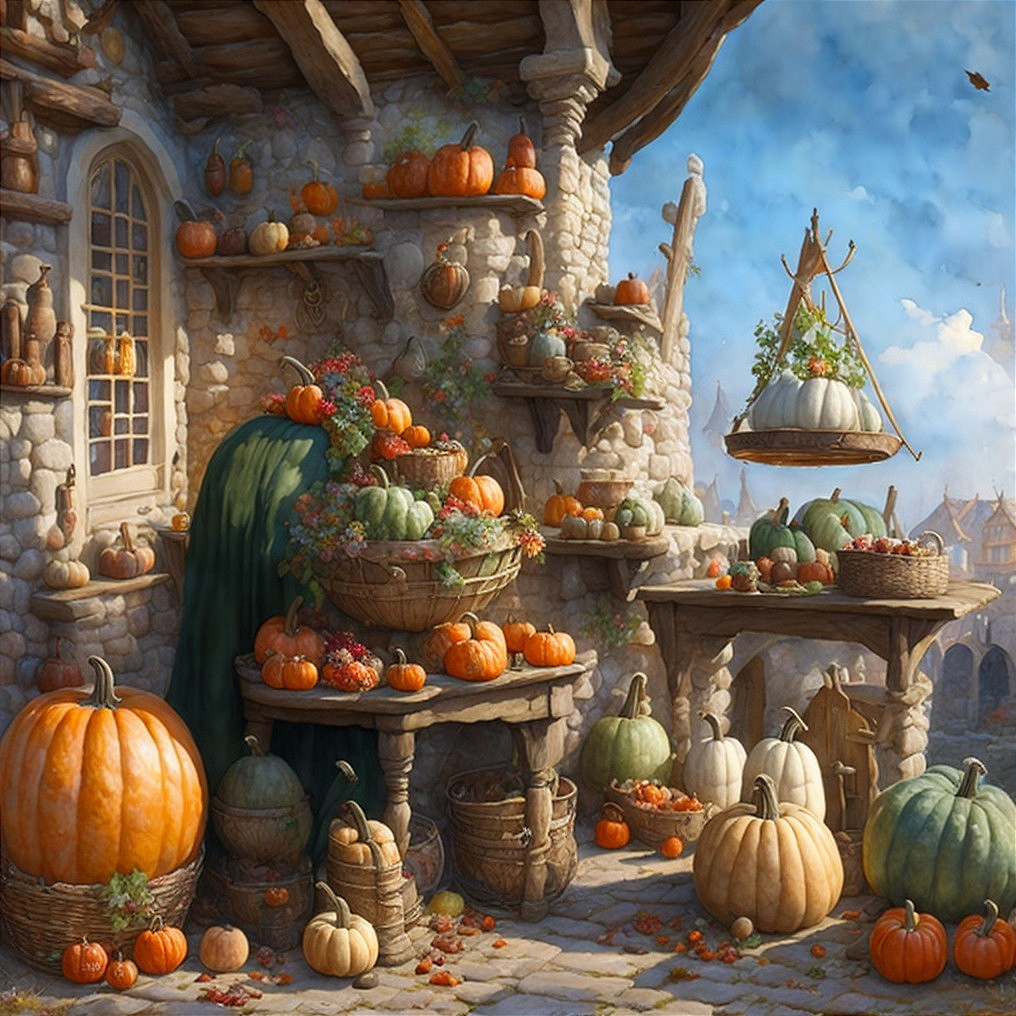 Outdoor Market with Colorful Pumpkins and Gourds