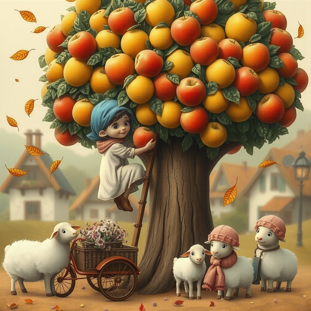 Child Climbing Apple Tree with Sheep and Autumn Scene