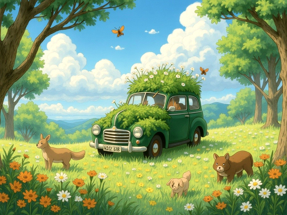 Vintage Green Car Surrounded by Flowers and Animals