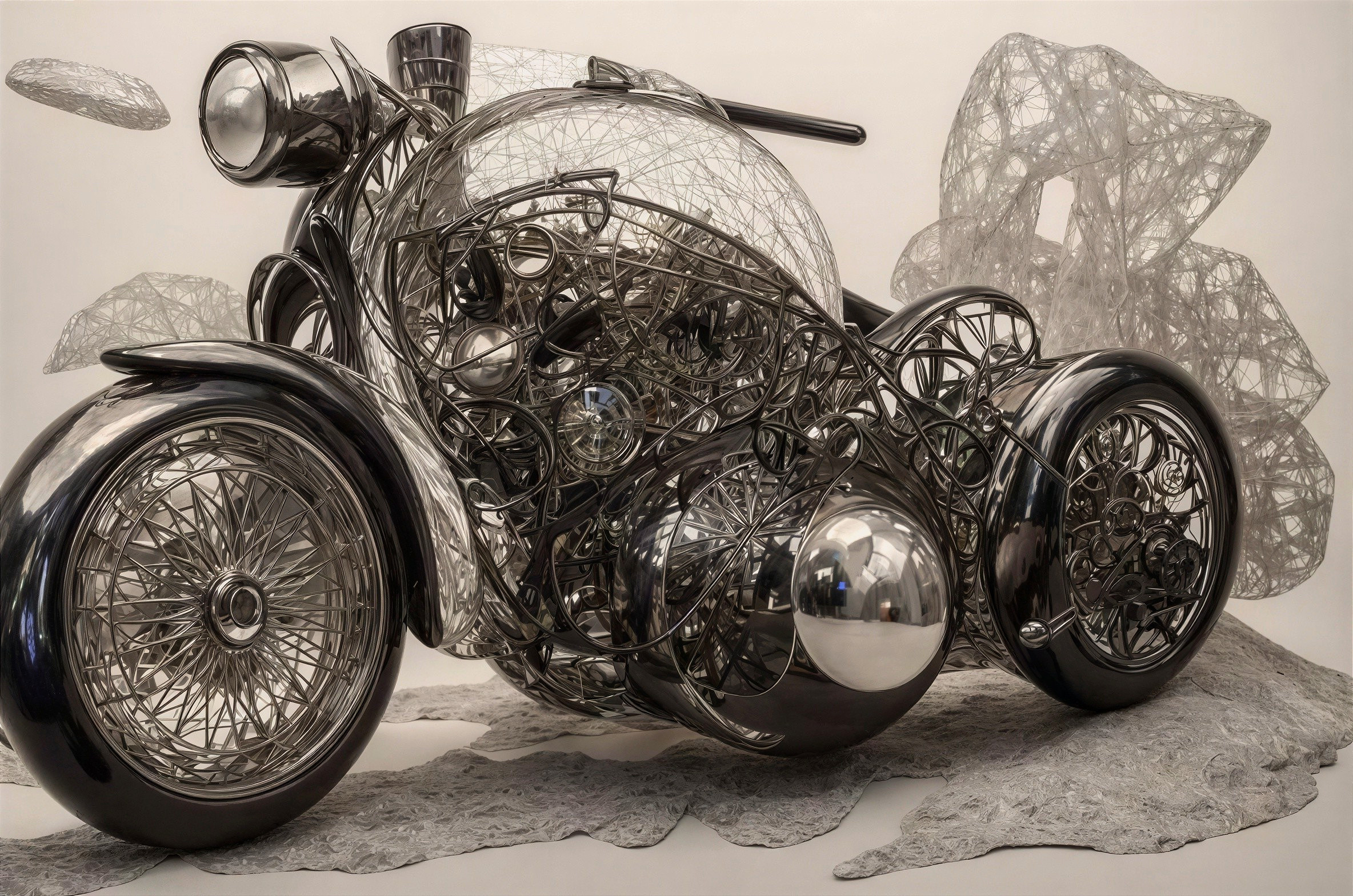 Intricate Chrome Motorcycle Sculpture on Rocky Surface