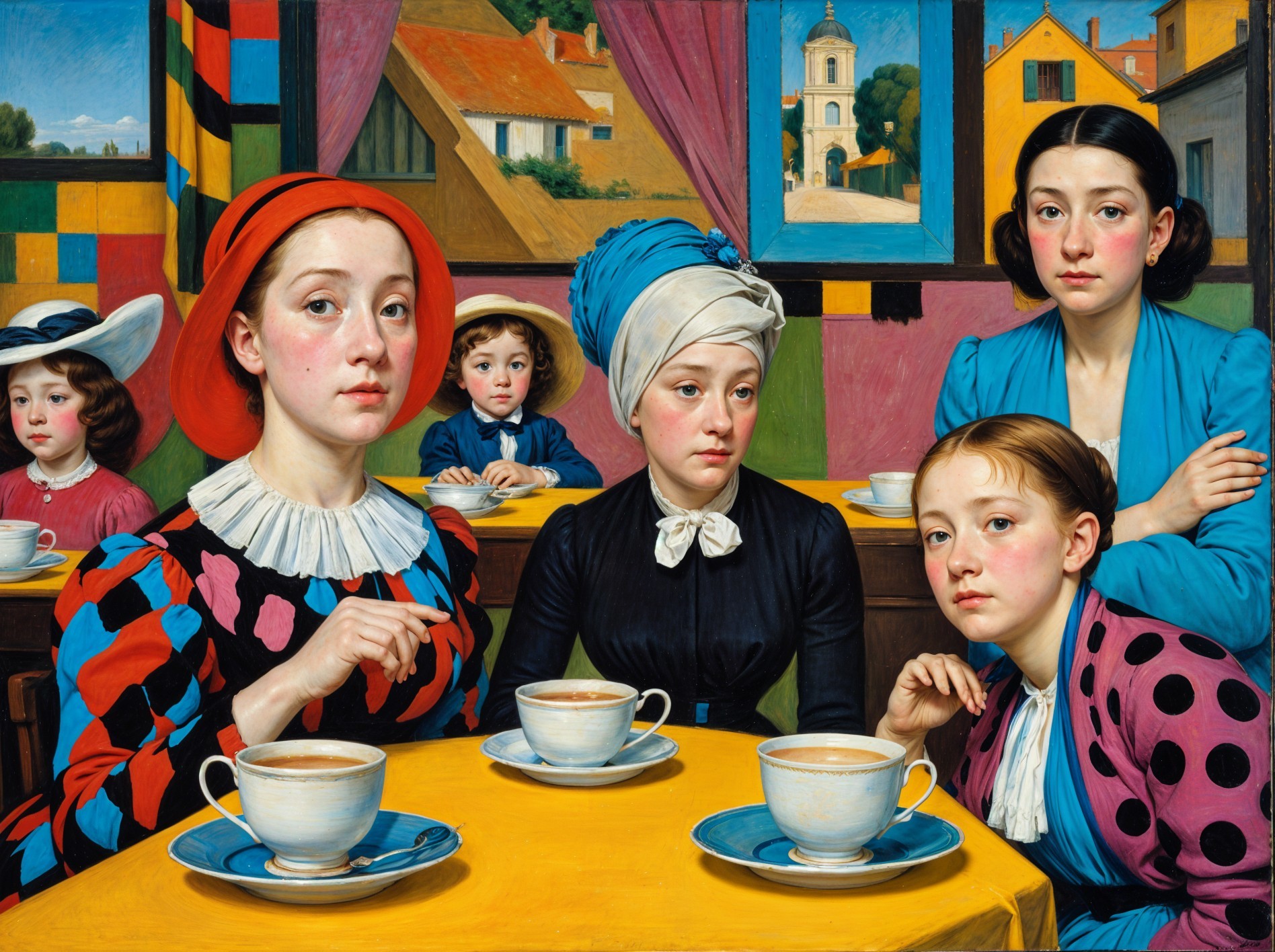 Group of Women and Boy at Yellow Table in Painting