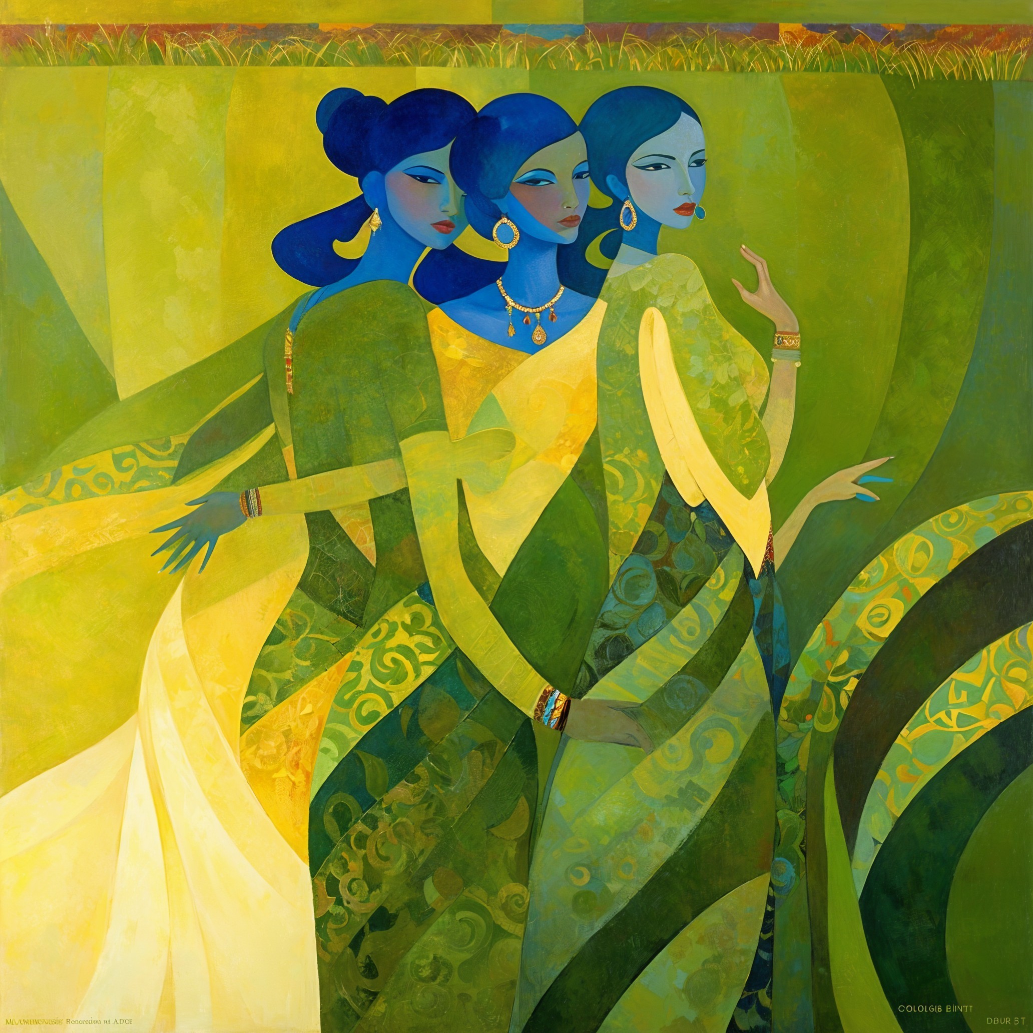 Elegant Figures with Blue Skin and Vibrant Garments