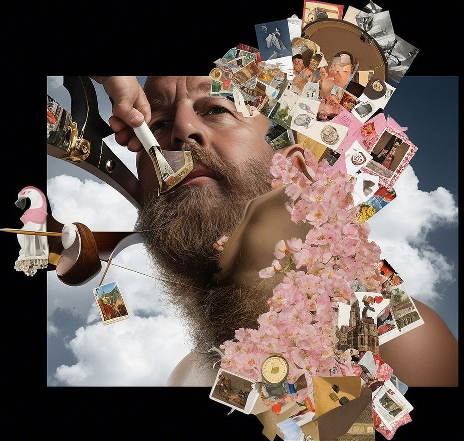 Surreal Scene of a Bearded Man Surrounded by Art