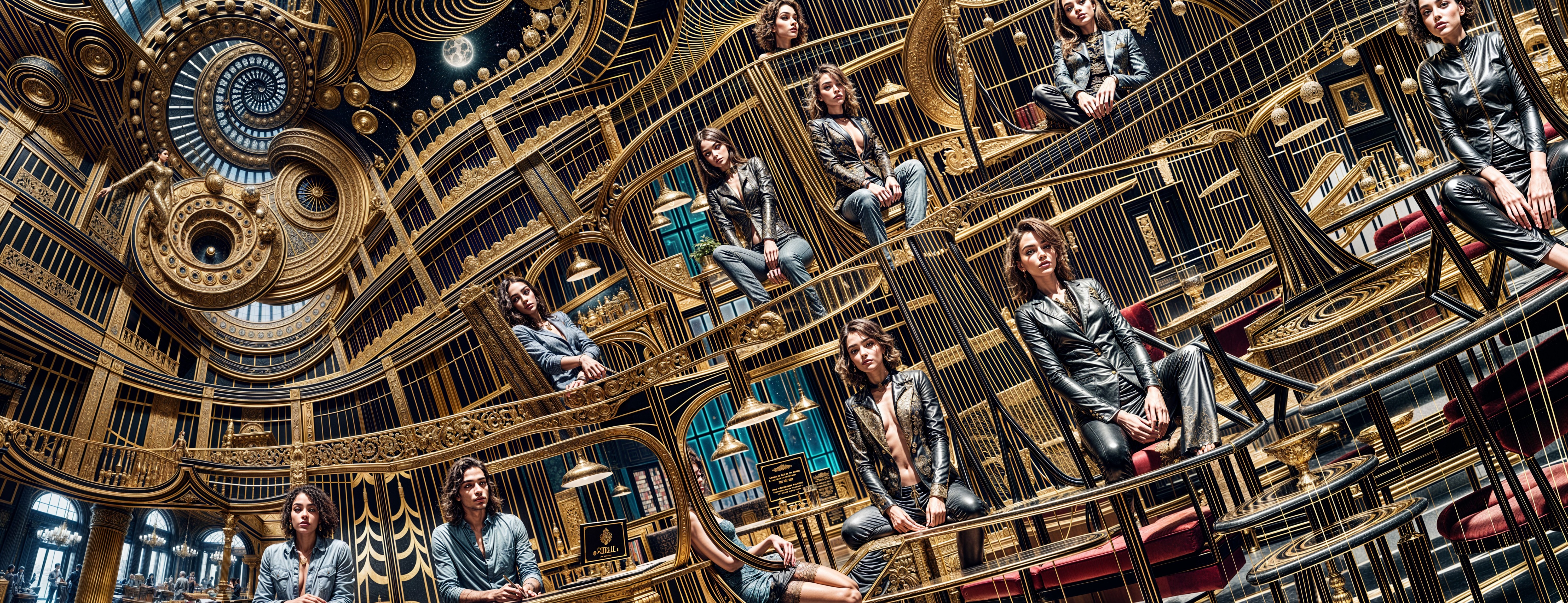 Surreal Labyrinth of Golden Bookshelves and Figures
