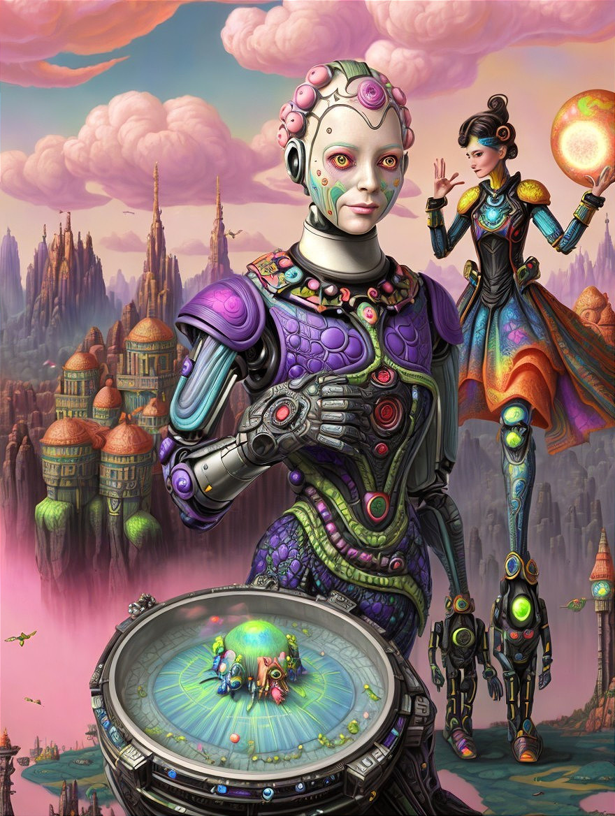 Futuristic Landscape with Humanoid Robots and Cityscapes
