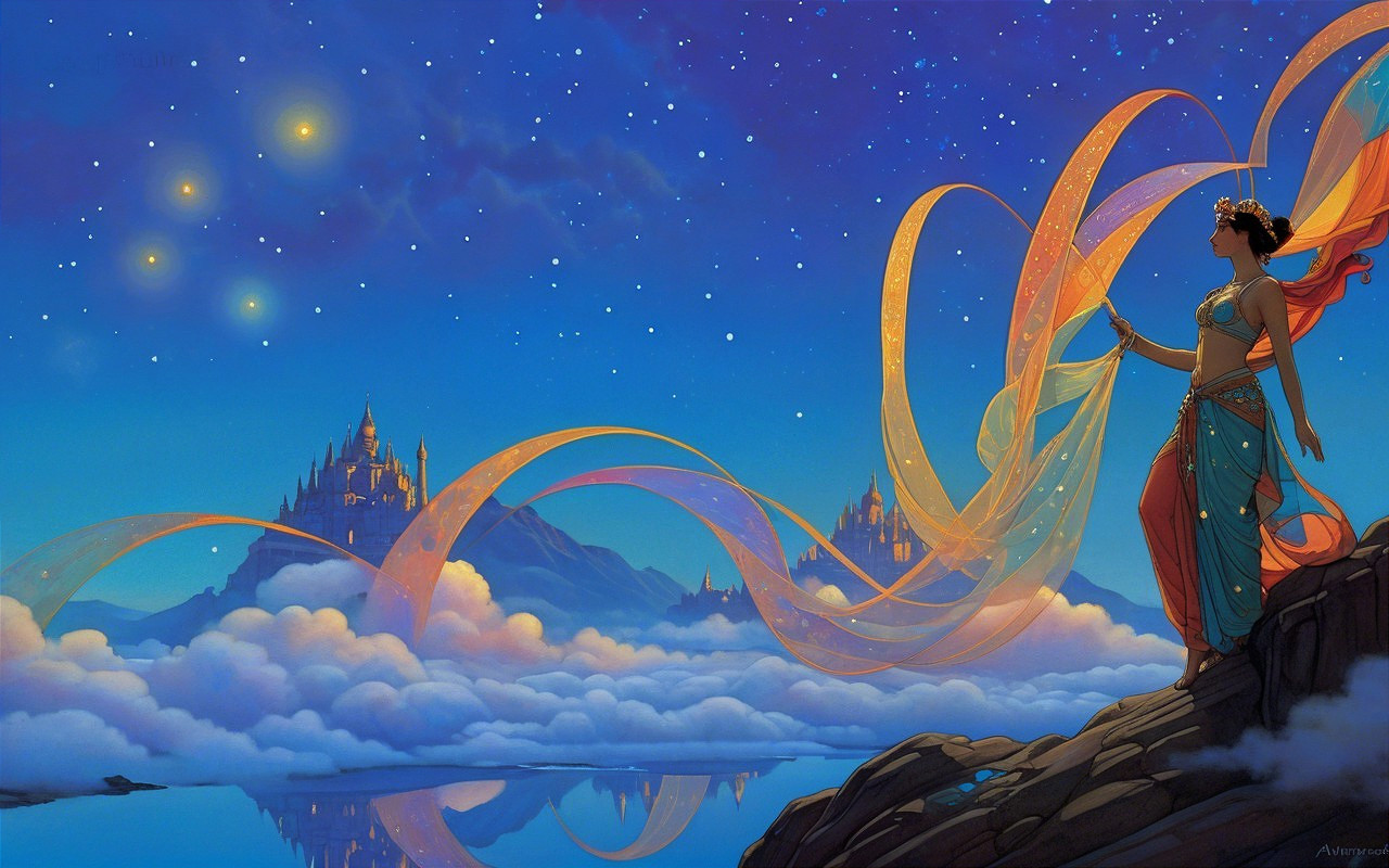 Woman in Flowing Fabrics Overlooking Starlit Castle