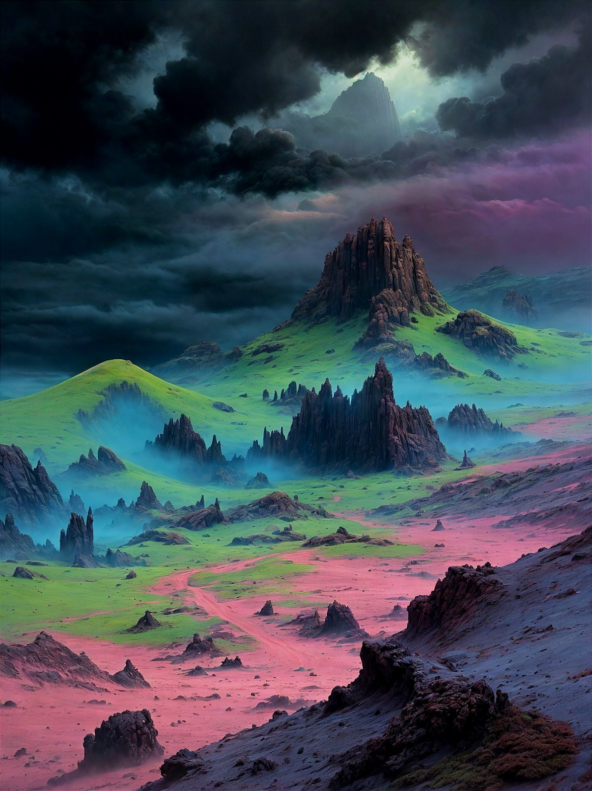 Fantasy Landscape with Stormy Sky and Vibrant Colors