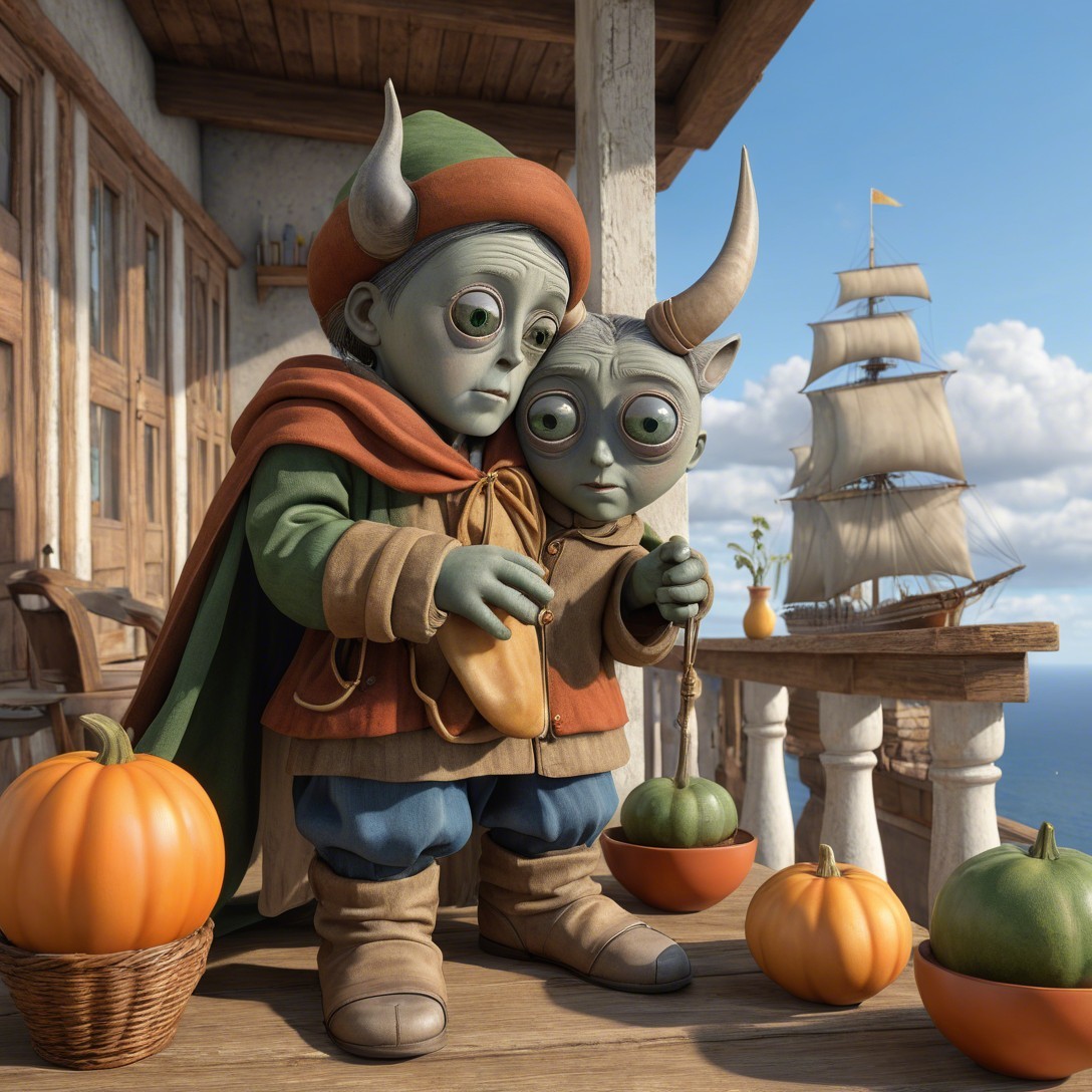 Whimsical Creatures on a Balcony with Pumpkins and Ship