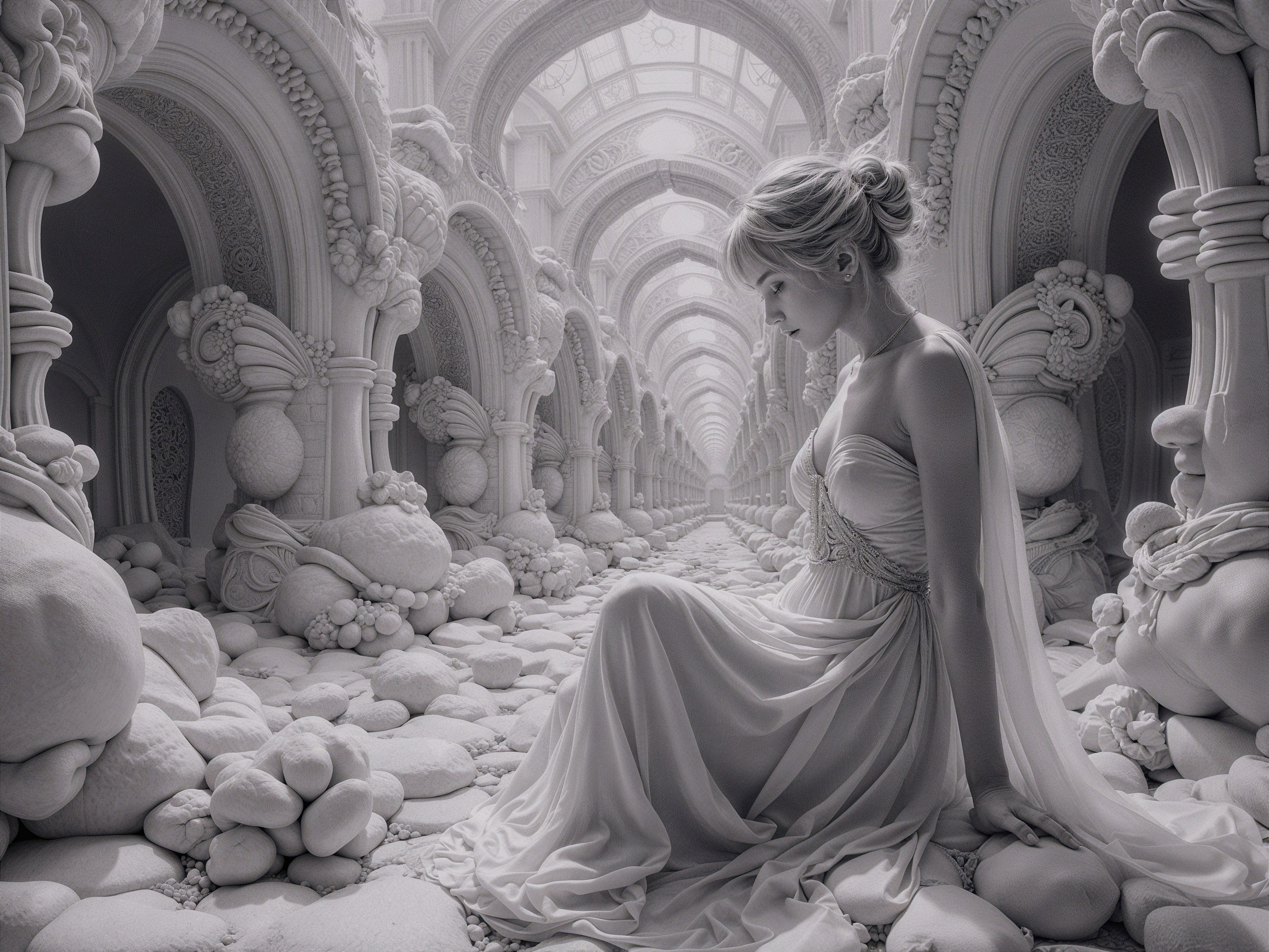 Monochromatic Scene with Ethereal Woman and Stones