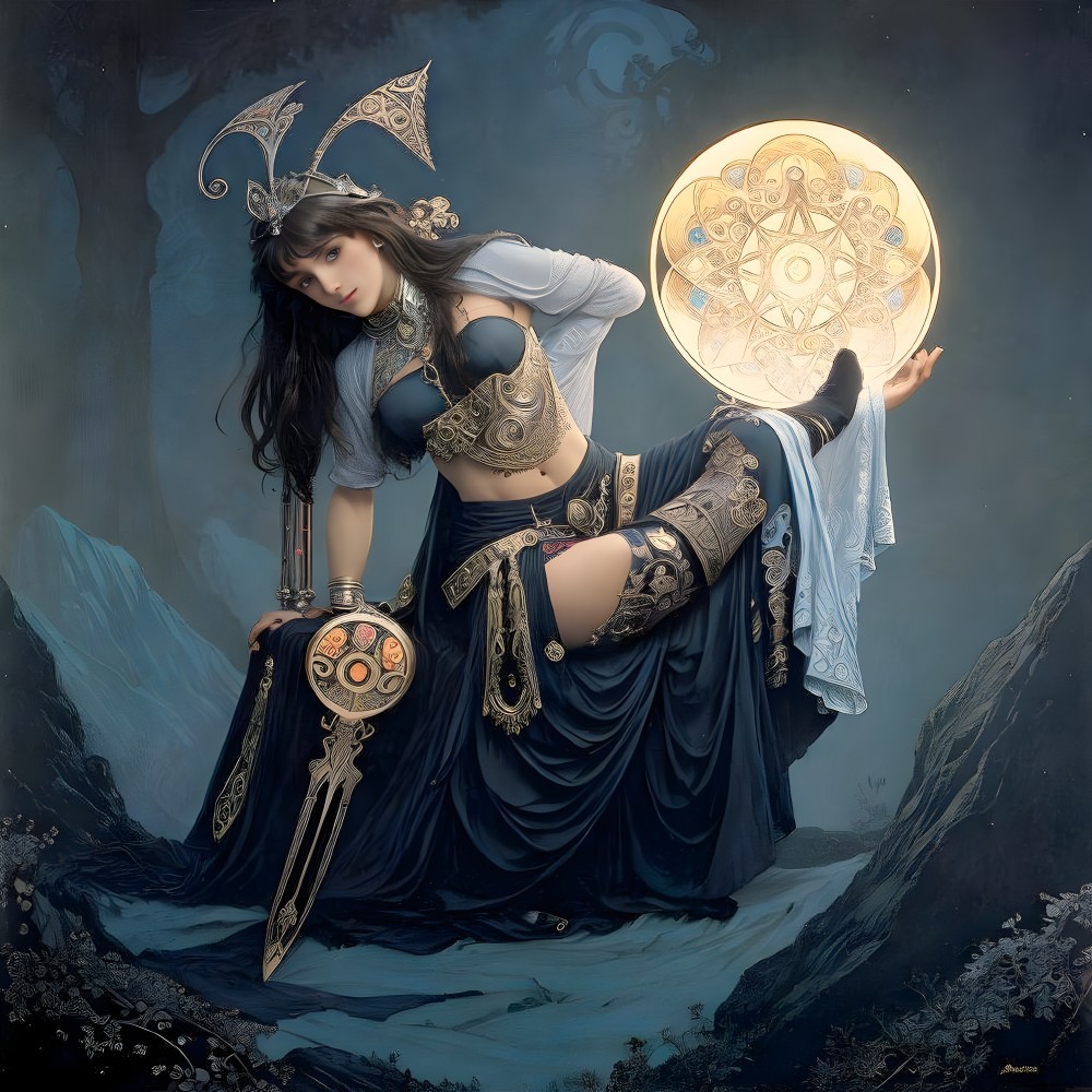 Mystical figure in ornate armor in enchanted forest