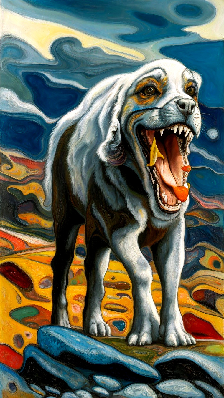 Surreal Painting of a Dog on Colorful Terrain
