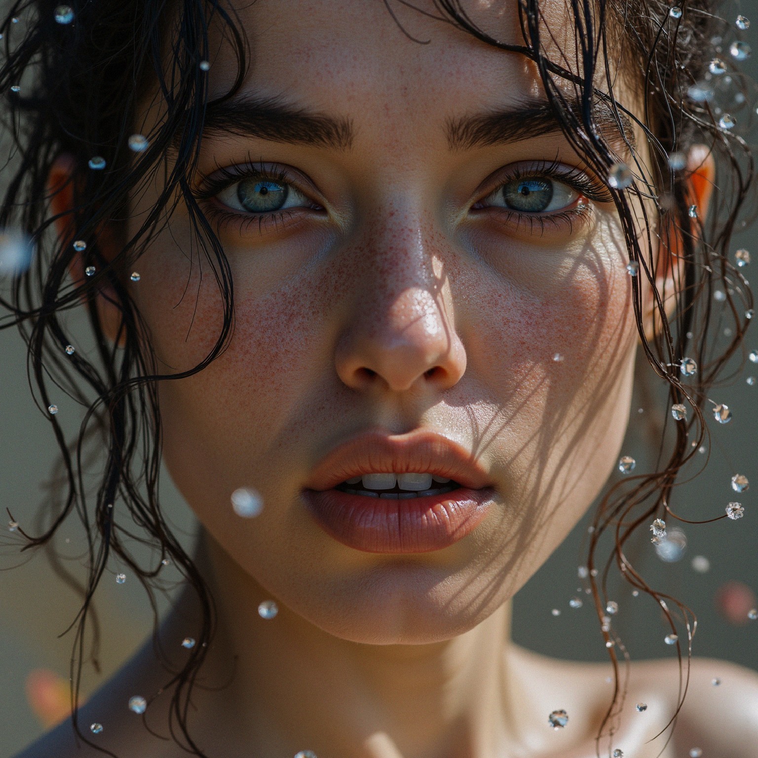 Close-Up of a Young Woman with Wet Hair and Freckles