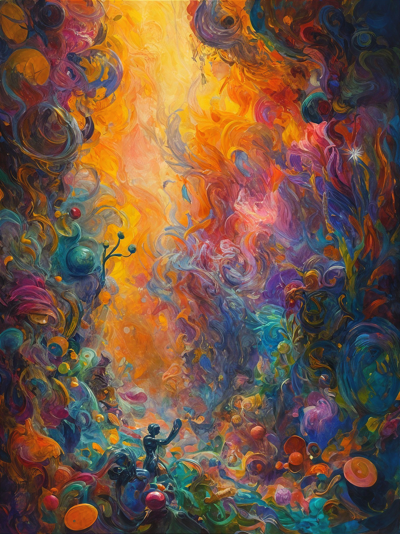 Vibrant Abstract Scene with Swirling Colors and Shapes