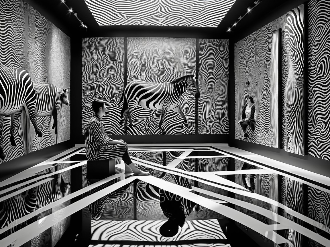 Black-and-White Room with Zebra Stripes and Figures