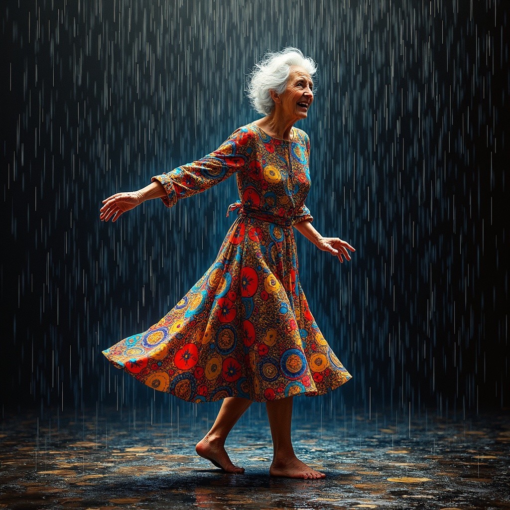 Elderly woman twirling in rain with vibrant dress