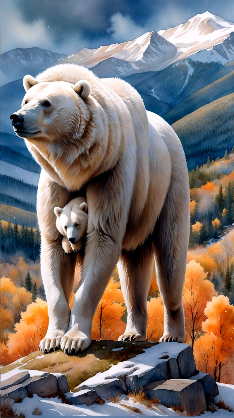 Bear and Cub in Autumn Landscape with Mountains
