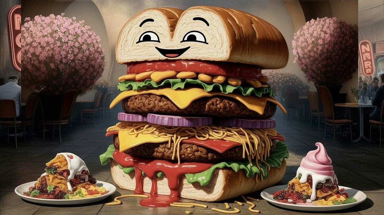 Oversized Playful Burger in Whimsical Restaurant Setting