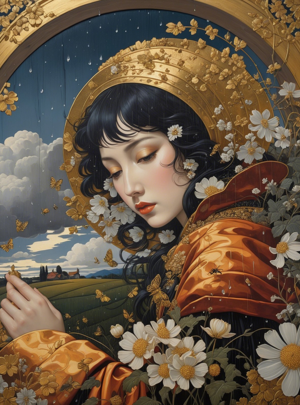 Serene woman in golden halo with nature backdrop