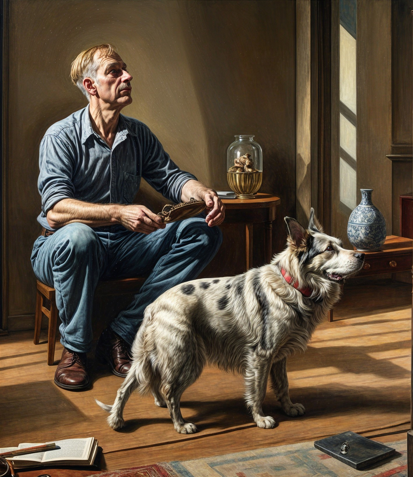 Thoughtful man with dog in cozy, warmly lit room