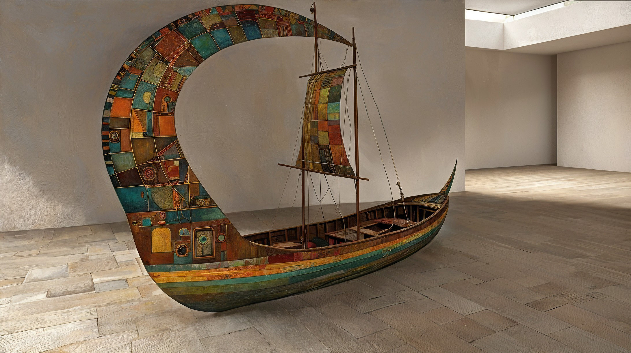 Uniquely Designed Boat with Colorful Patterns and Sail