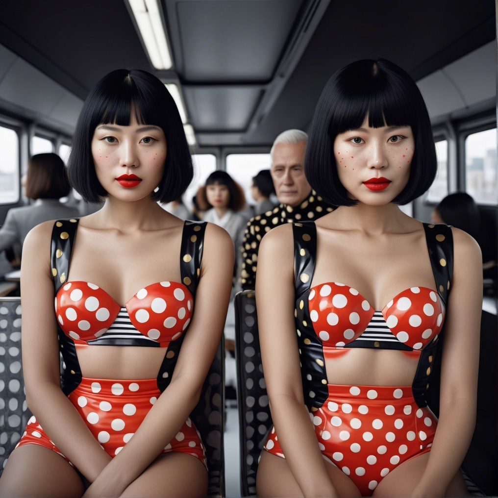 Women in Polka Dot Outfits on a Train Compartment