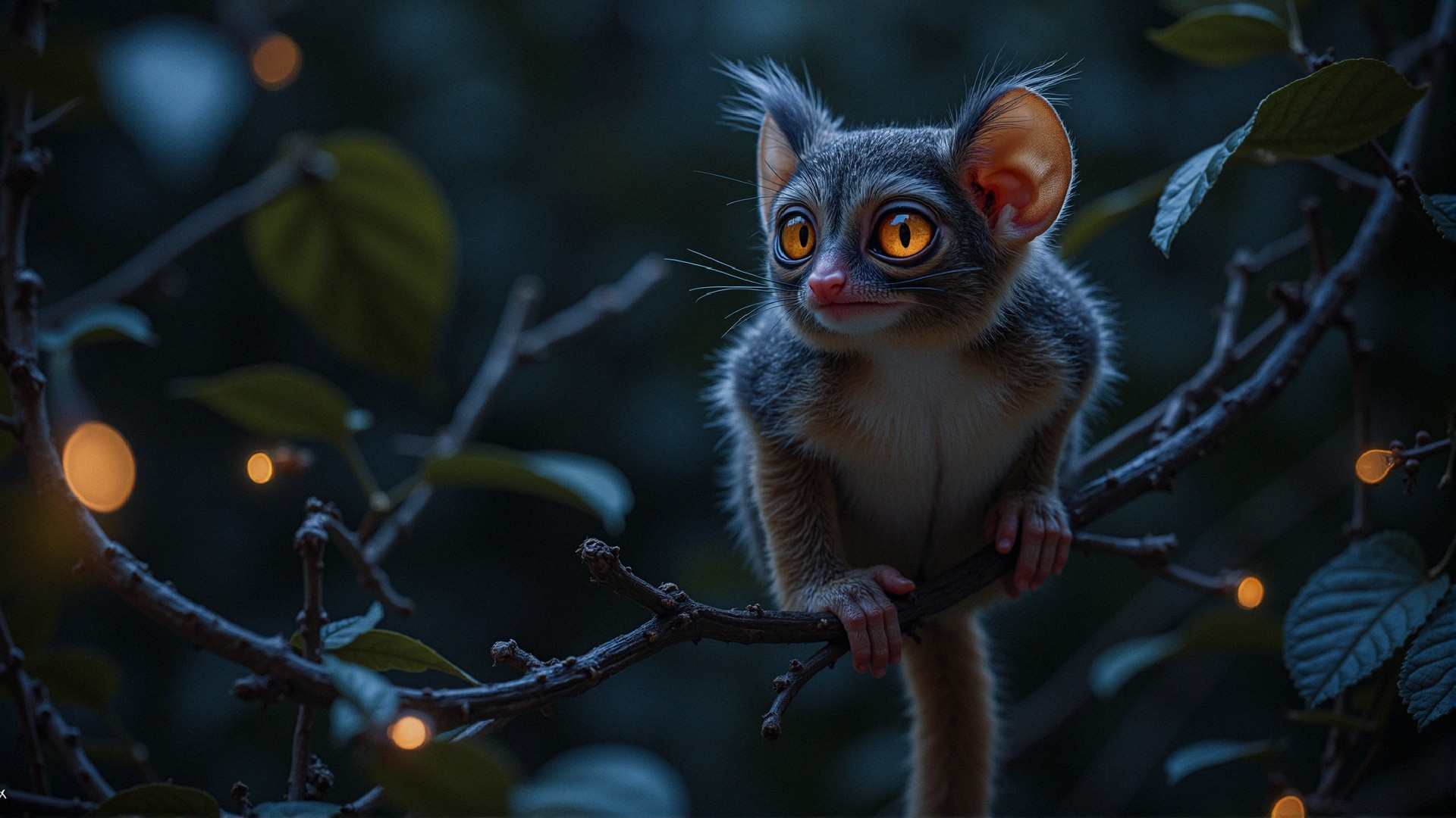 Expressive Creature with Glowing Eyes on a Branch