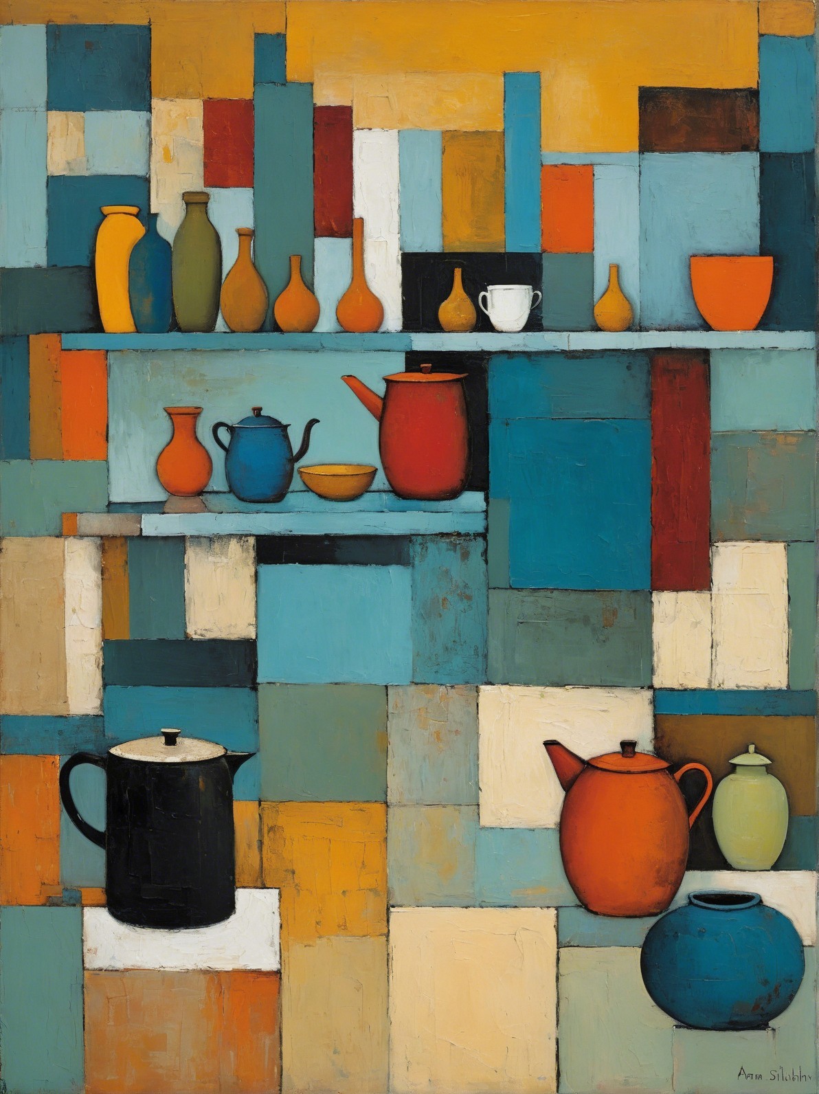 Vibrant Abstract Artwork with Geometric Shapes and Vessels