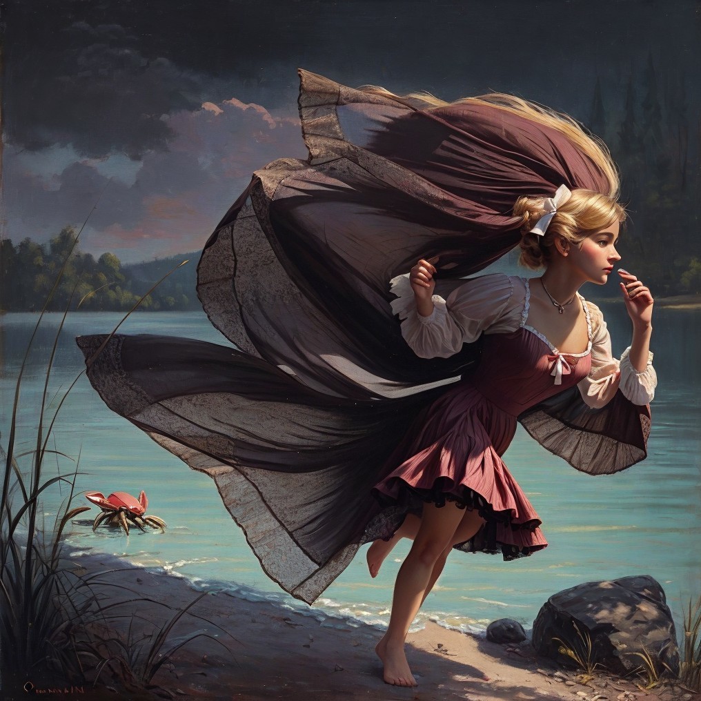 Young girl in purple dress by serene lake shore