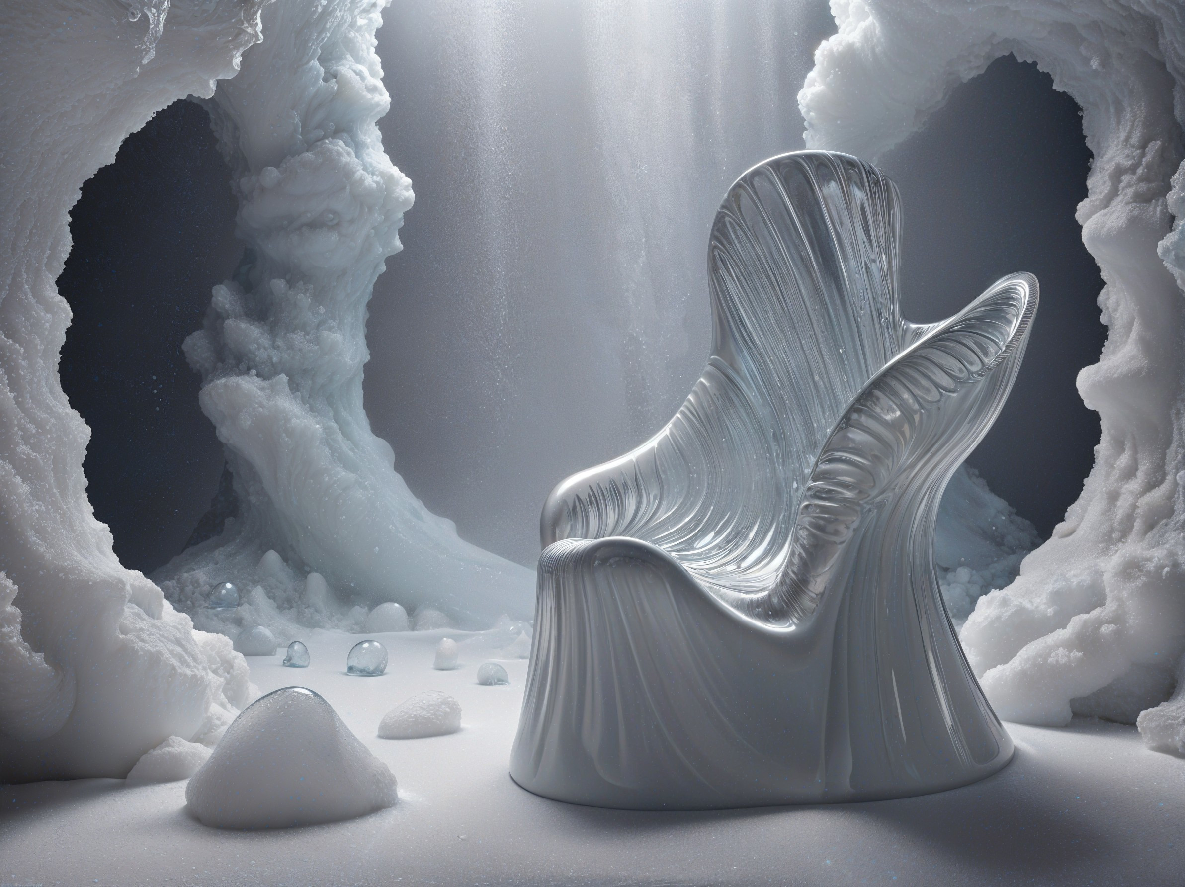 Futuristic White Chair in Icy Cavern with Crystals