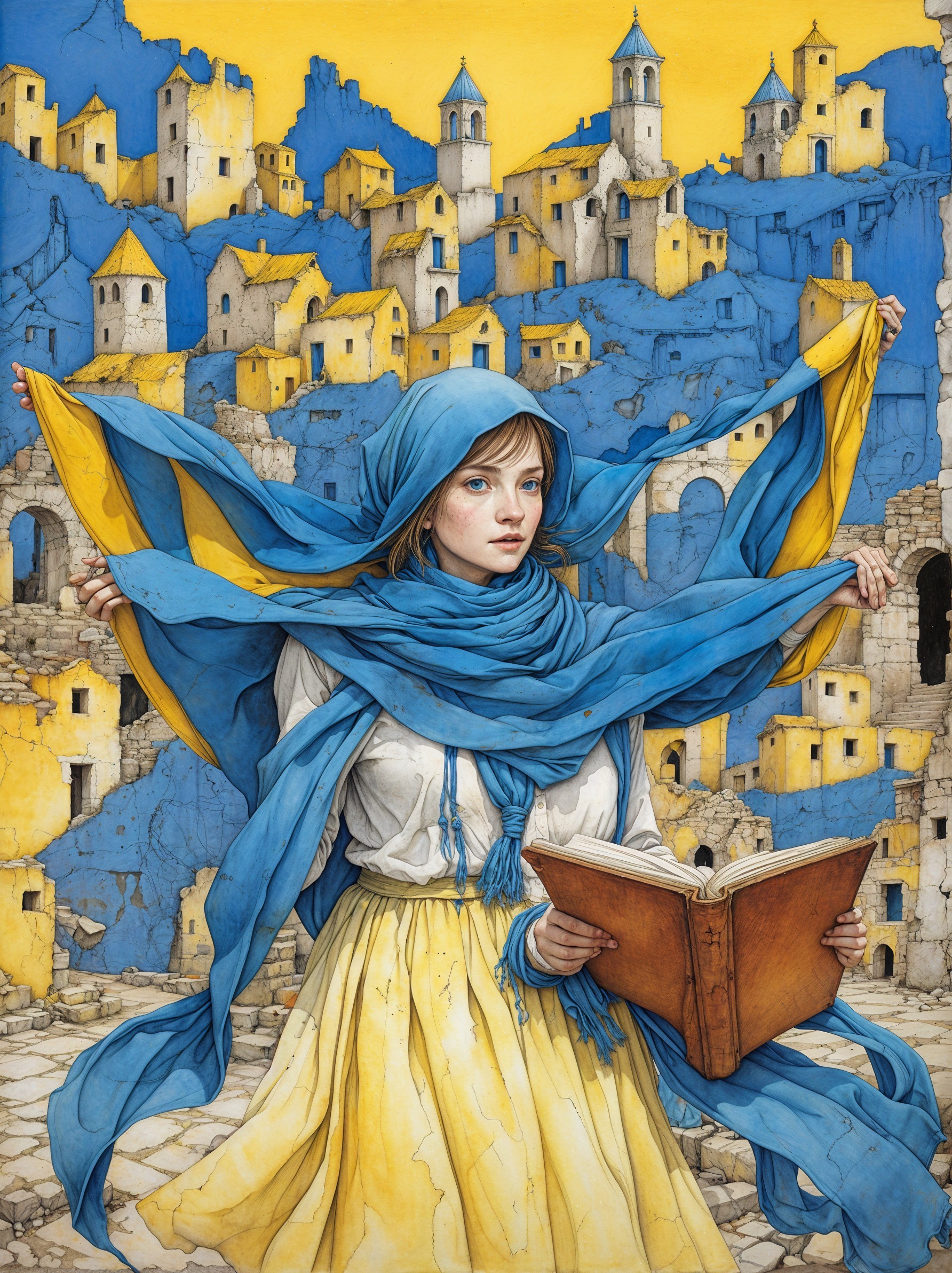 Young woman in vibrant blue and yellow scene with book