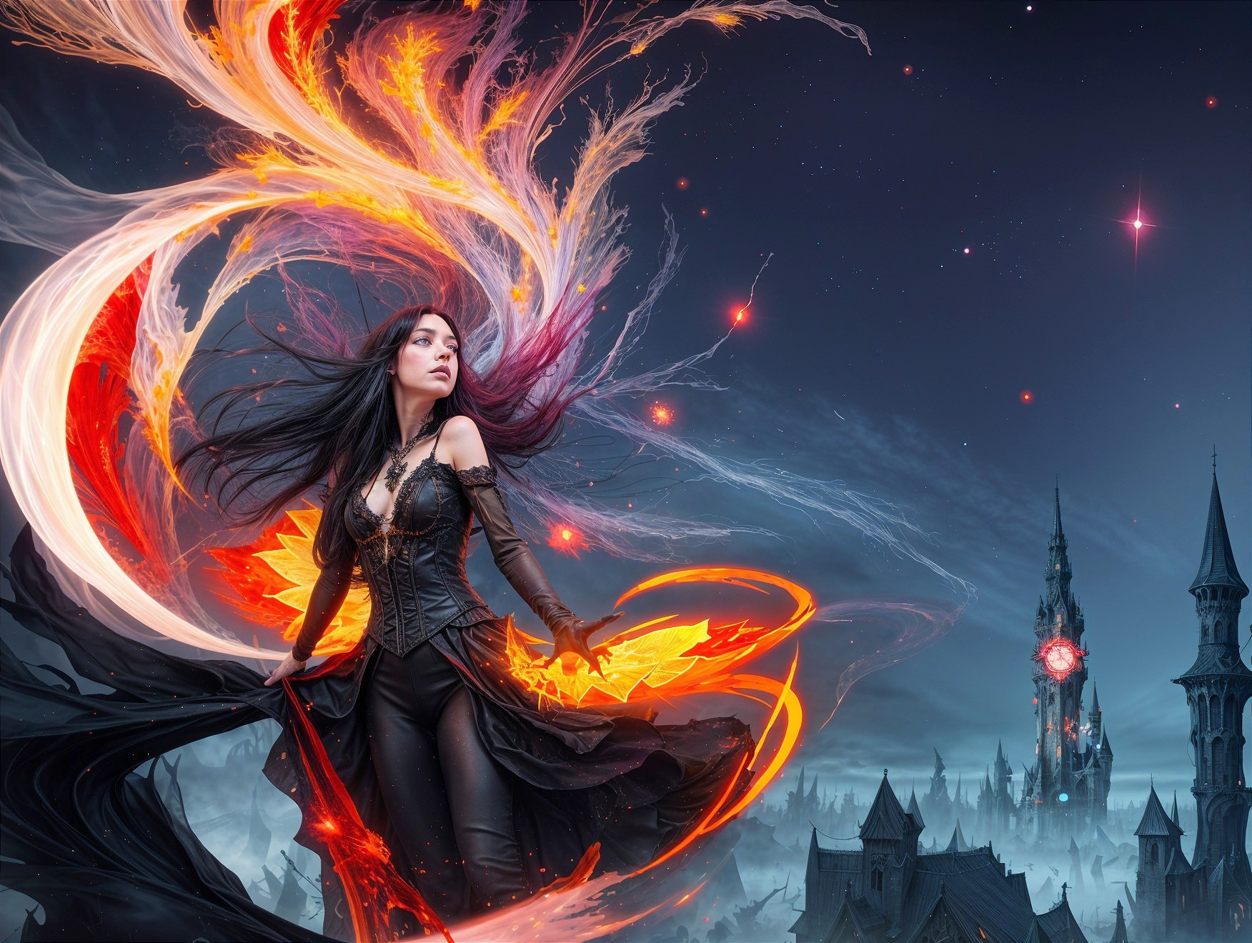Sorceress with Flames Against a Dark Mystical Backdrop