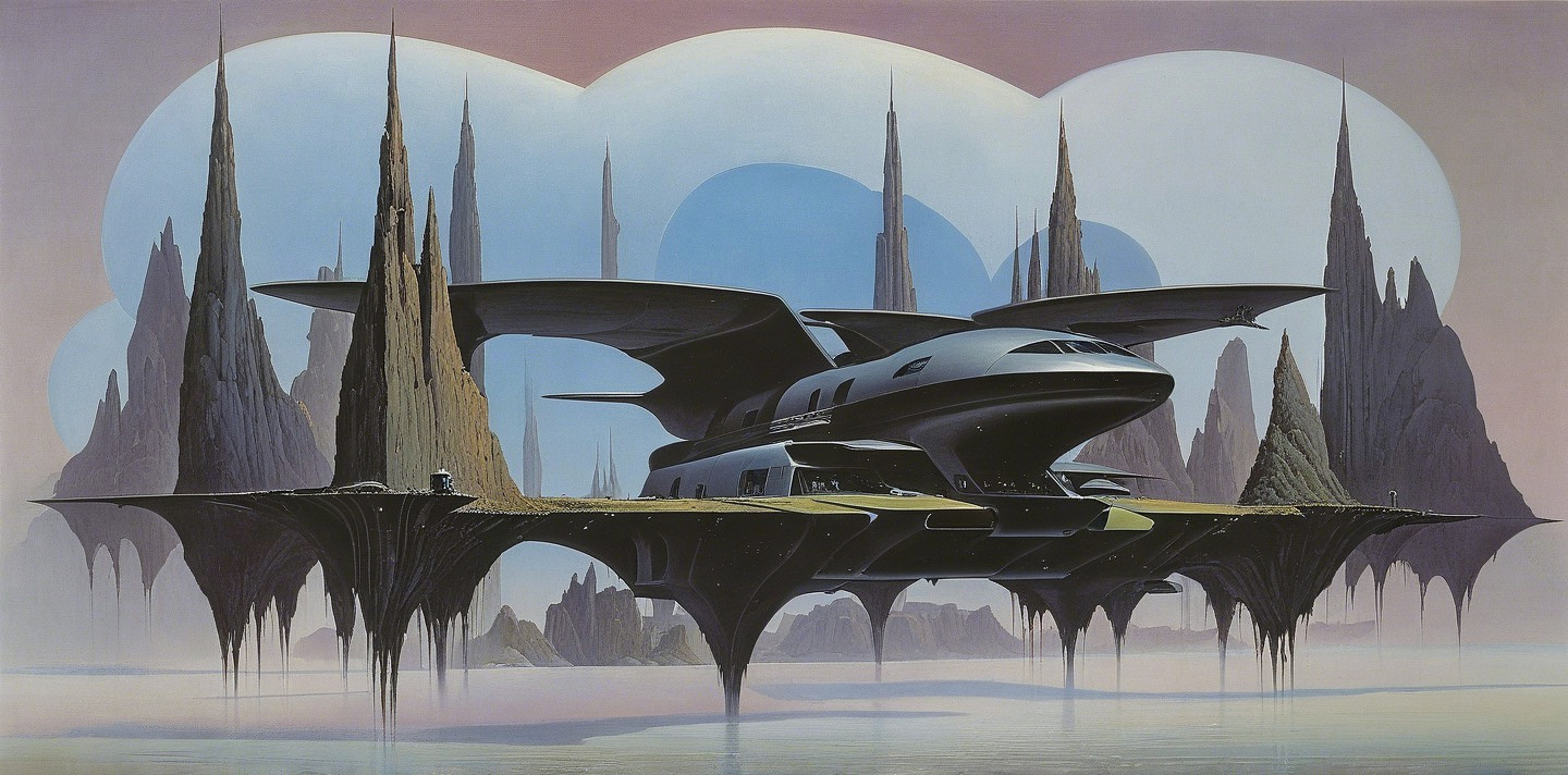 Futuristic Floating Vehicle in Surreal Landscape