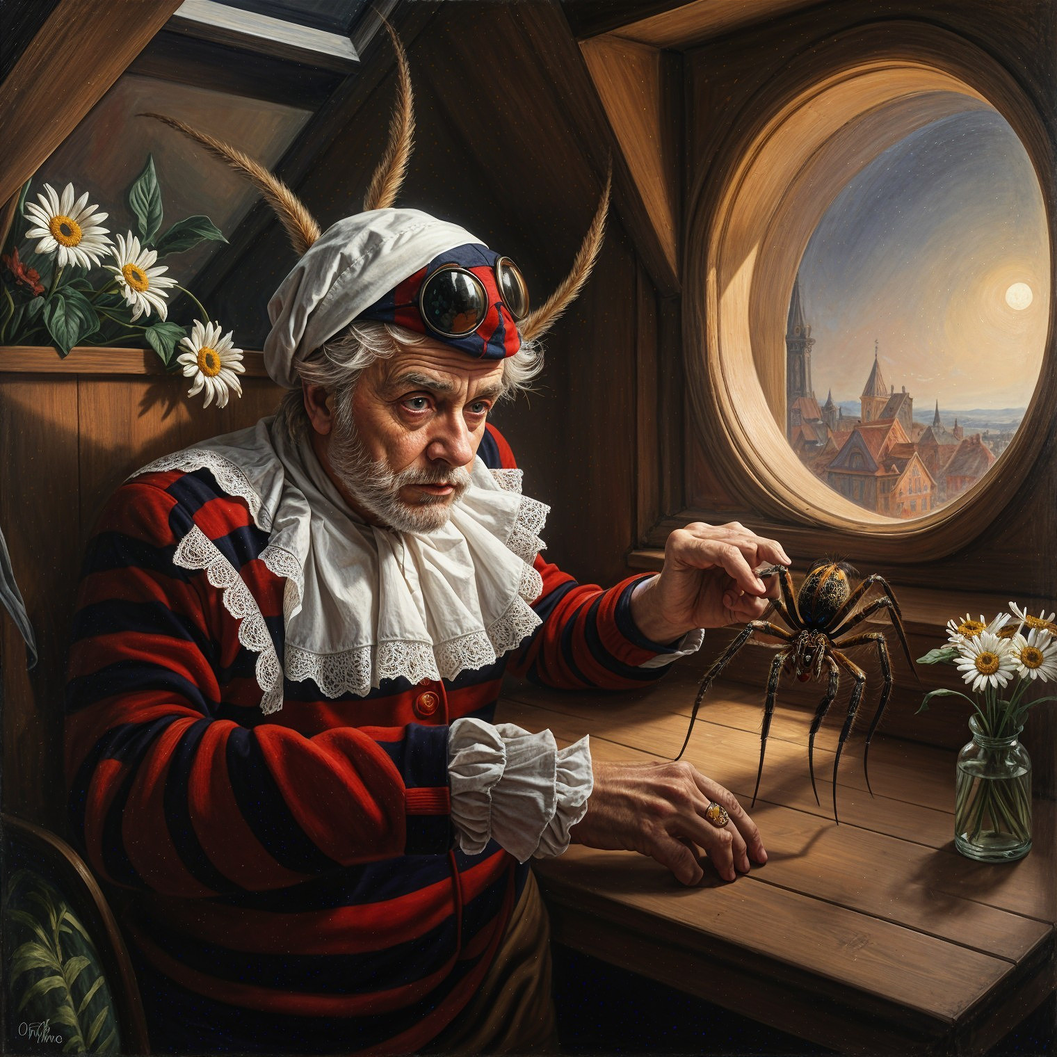 Elderly Figure Observing a Spider by a Window