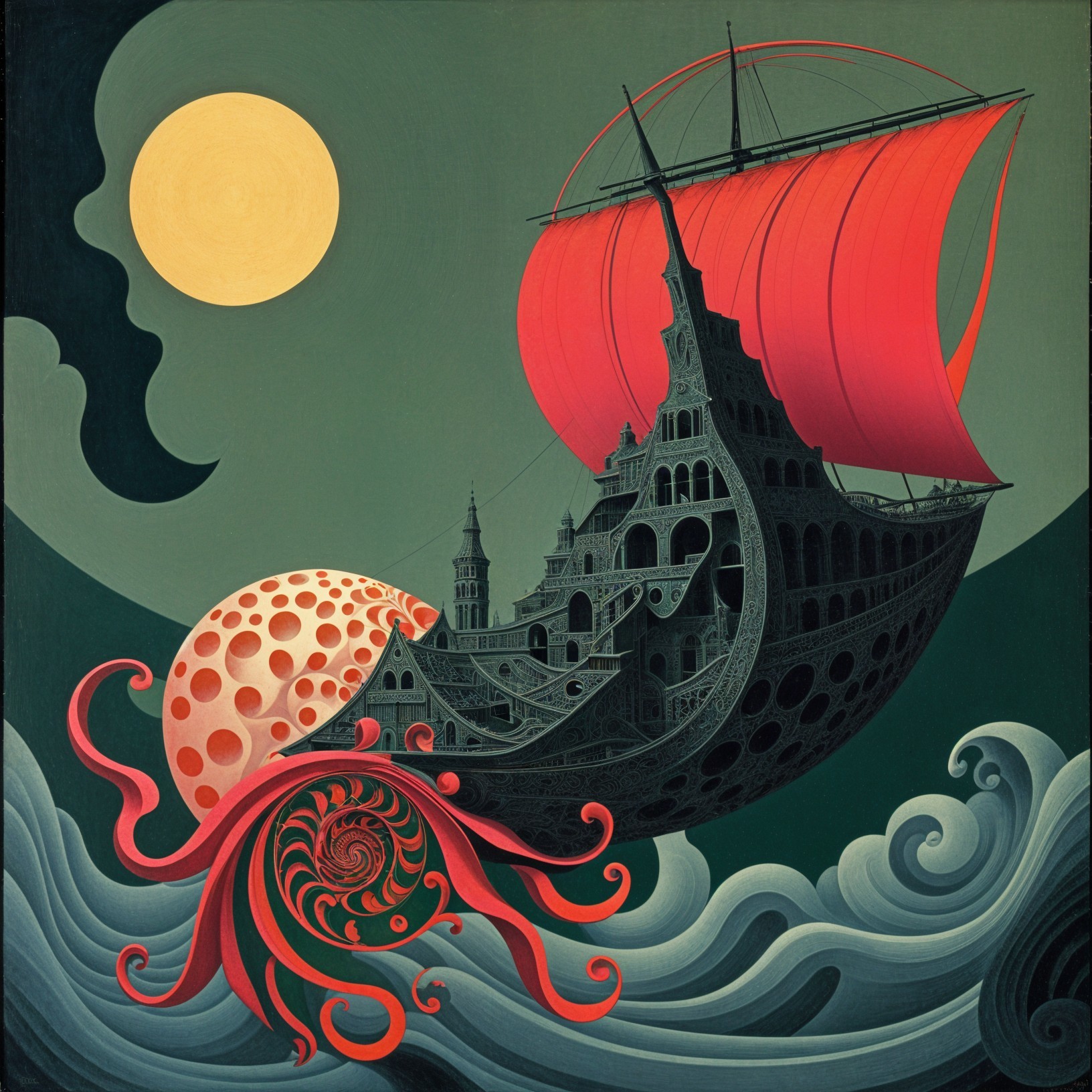 Gothic Ship with Red Sails in Surreal Fantasy Scene