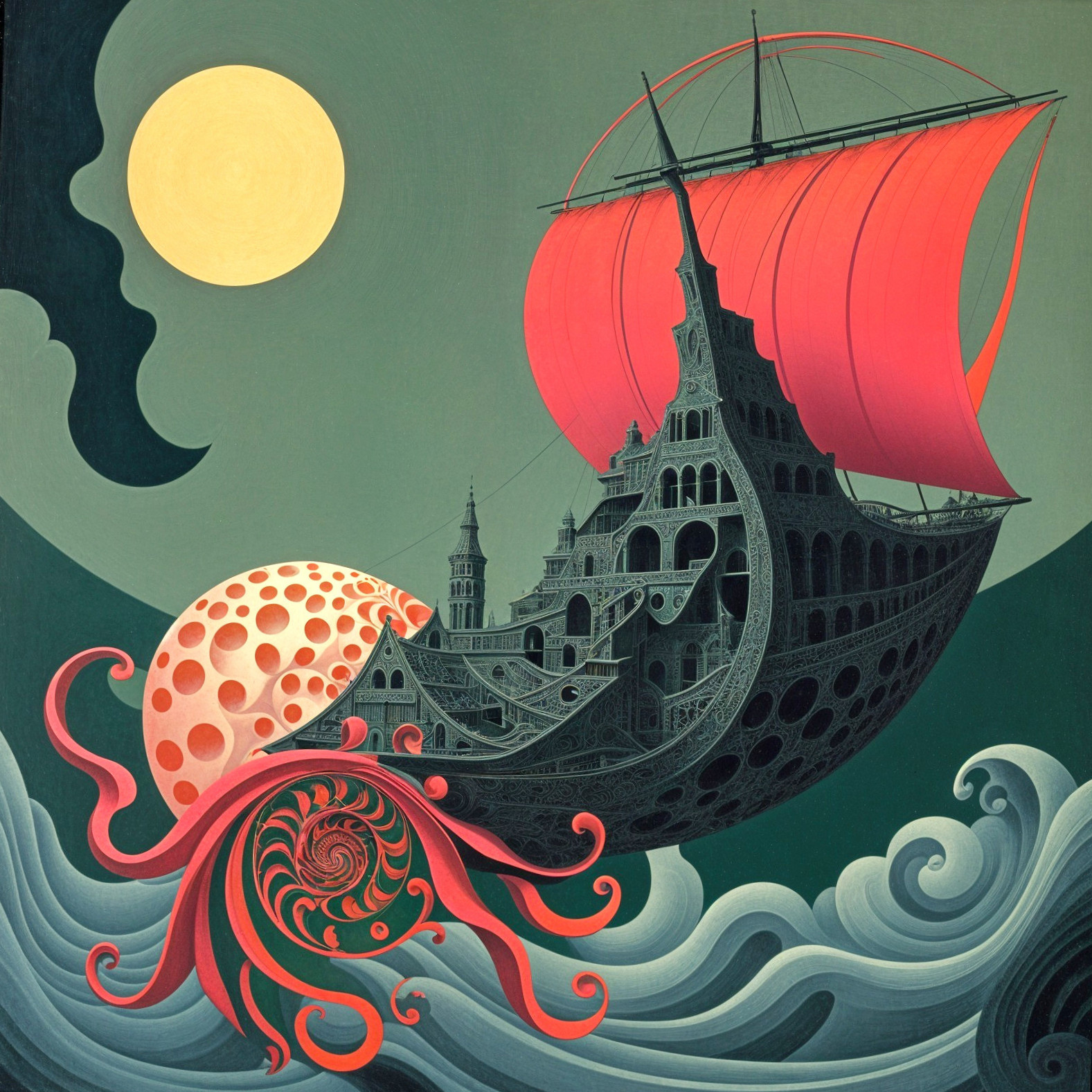 Gothic Ship with Red Sails in Surreal Fantasy Scene