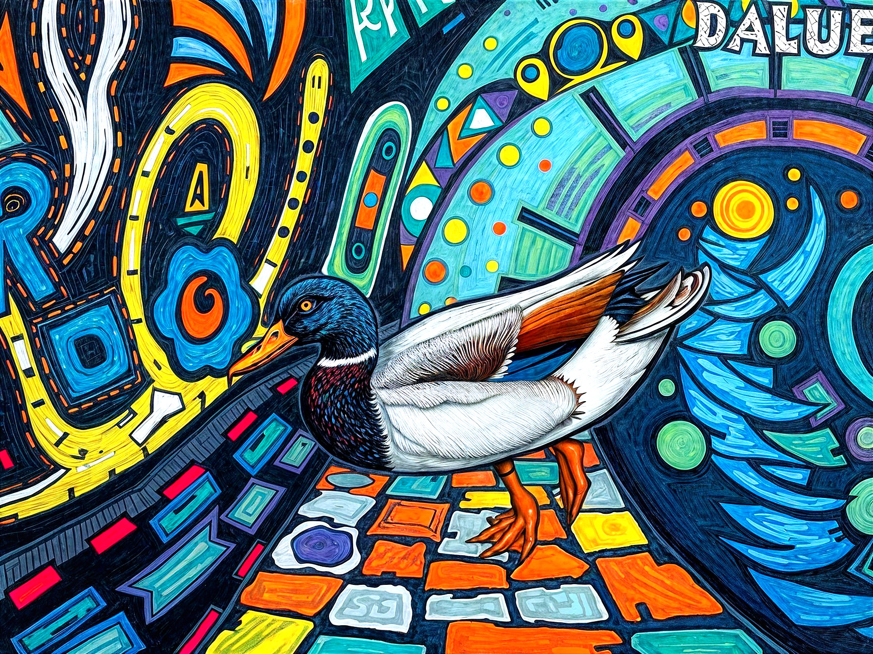 Vibrant Abstract Mural with Colorful Duck Centerpiece