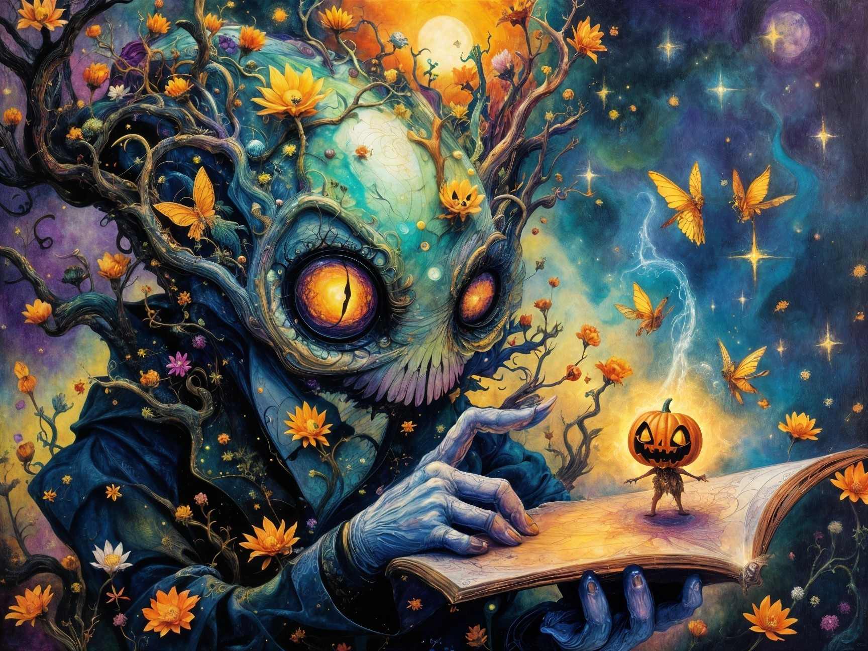 Whimsical creature in a vibrant, cosmic landscape