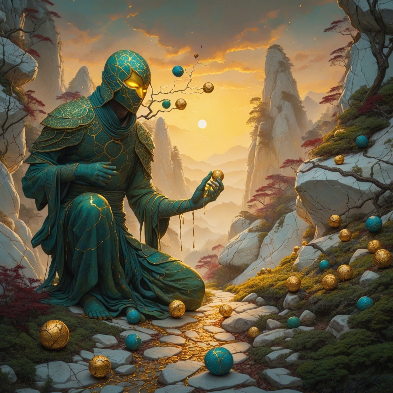 Cloaked Figure in Serene Landscape with Glowing Orbs