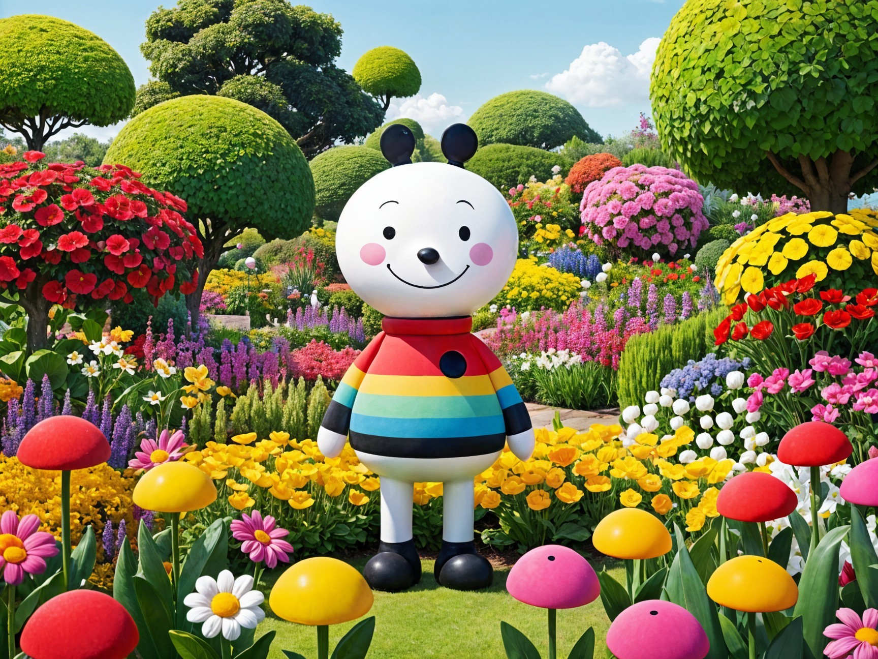 Cheerful Character in Colorful Flower Garden Scene