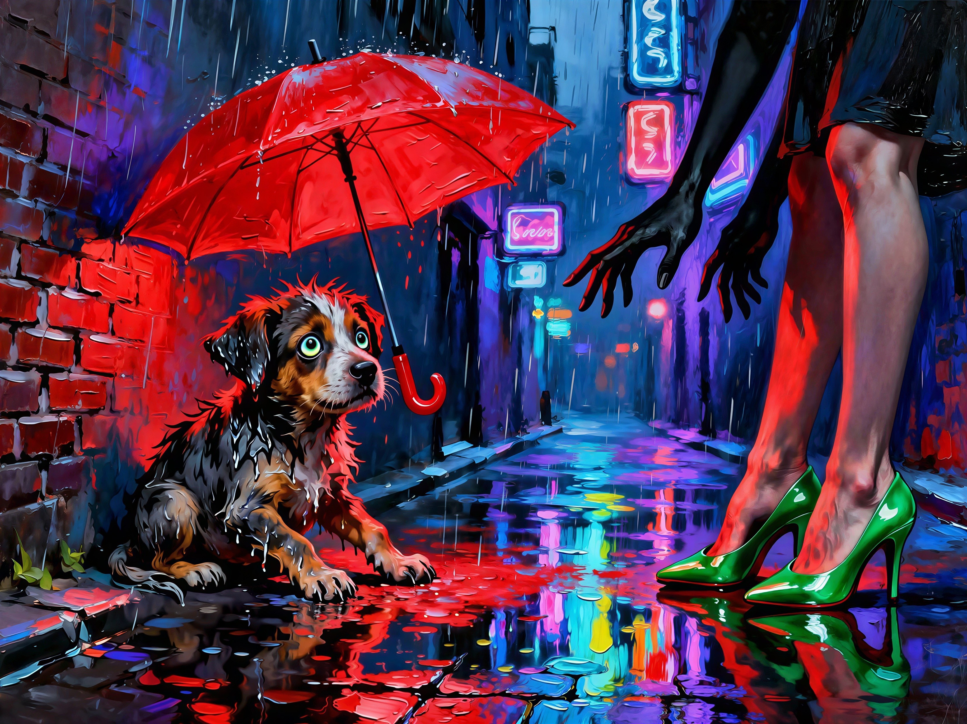 Vibrant Painting of a Wet Dog Under a Red Umbrella