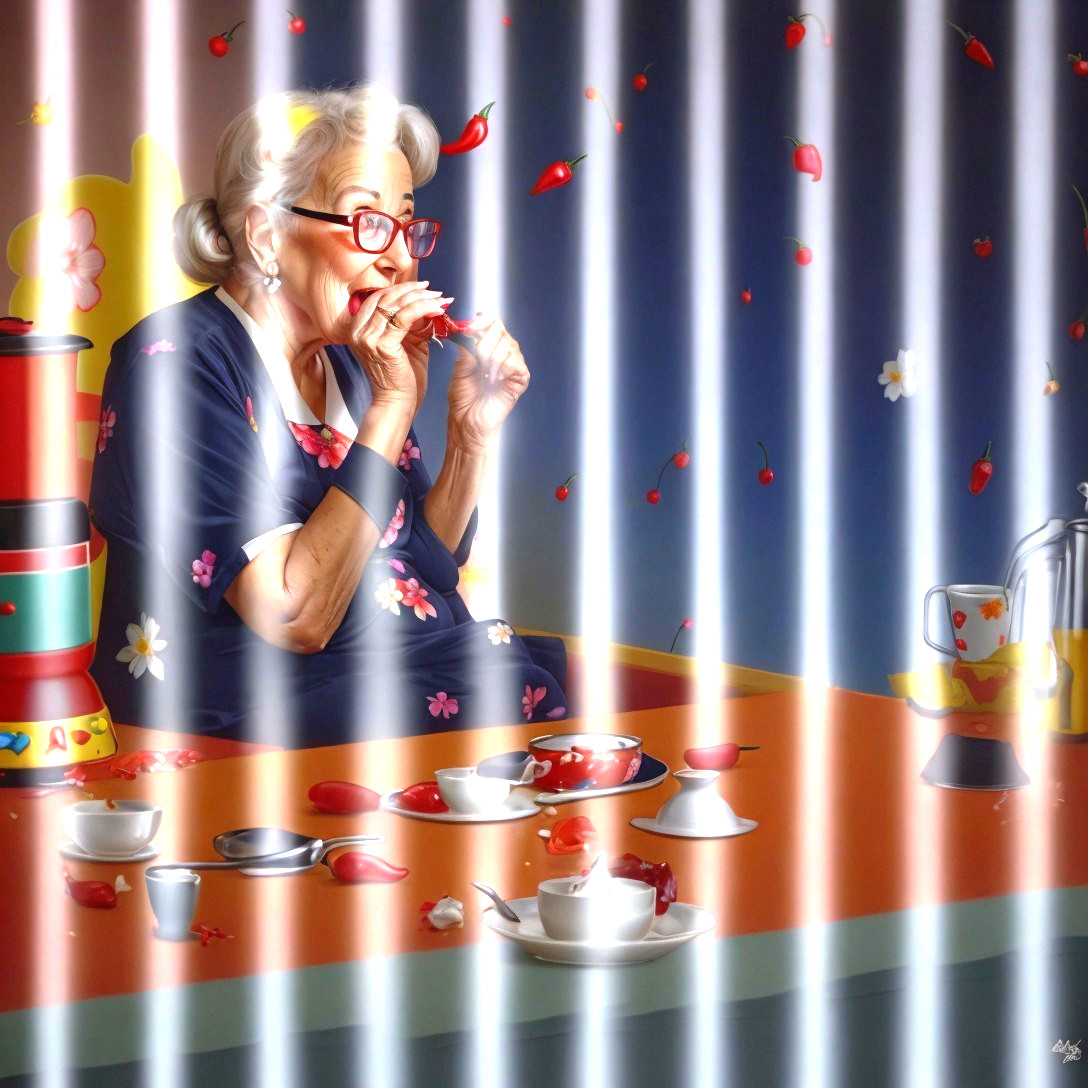 Elderly Woman Enjoying Candy at Colorful Table Setting