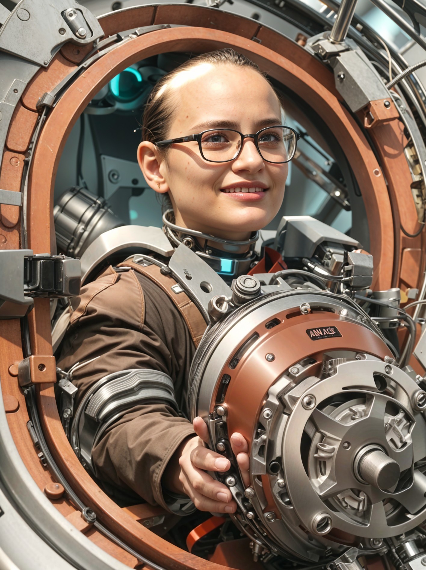 Woman in Brown Suit Engaged with Futuristic Machine